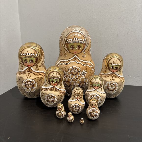 Vintage Russian Matryoshka Nesting Dolls Set Of 10 Wooden Hand Signed Burnt - Picture 1 of 12